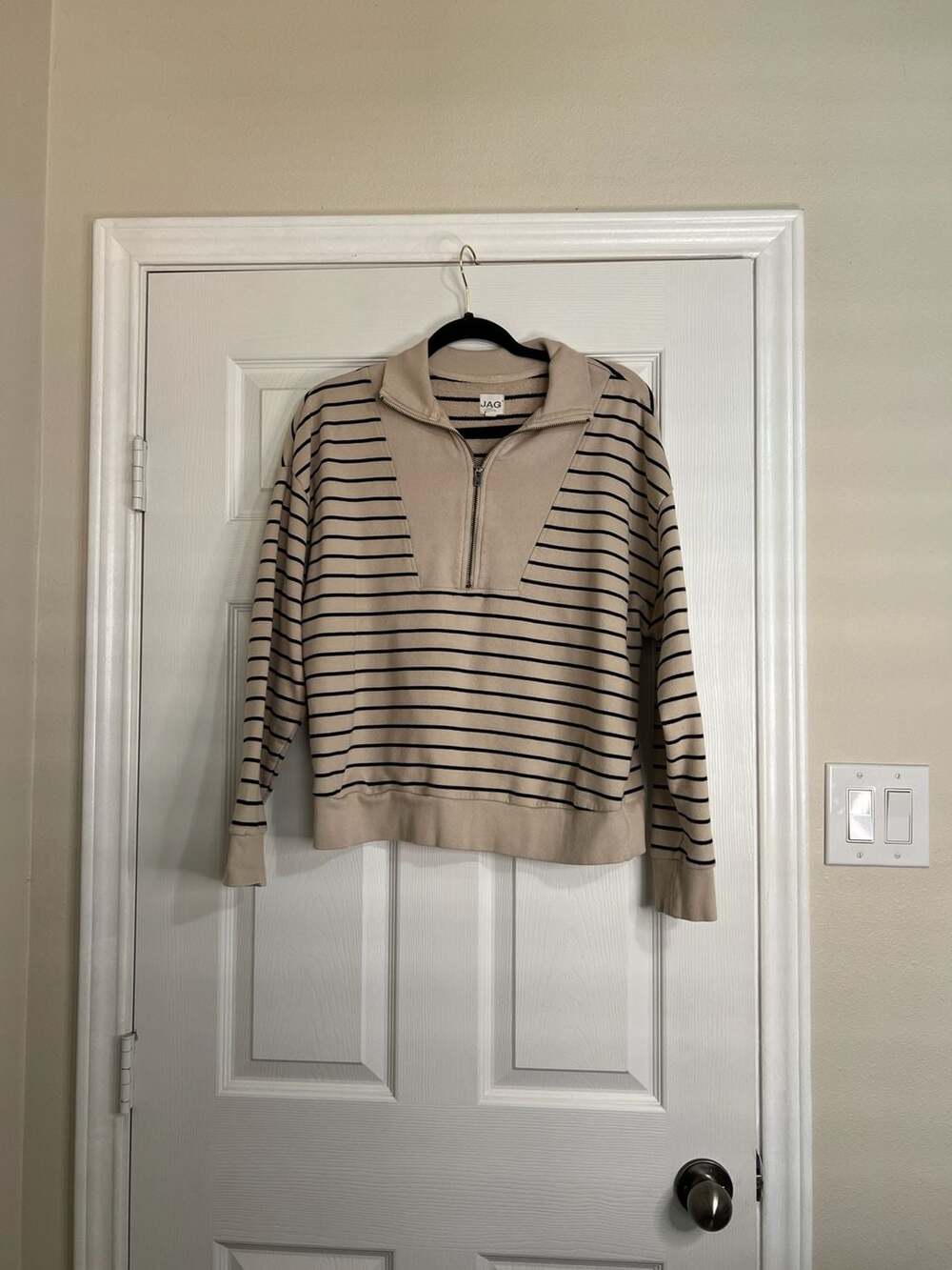 JAG Stripe Half Zip Sweatshirt Beige Black Size M